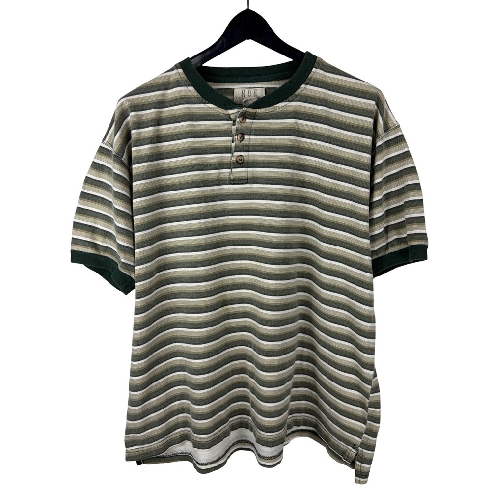 Vintage 2000s RUE Henley Style Buttoned Striped Boxy Green Shirt Size XL